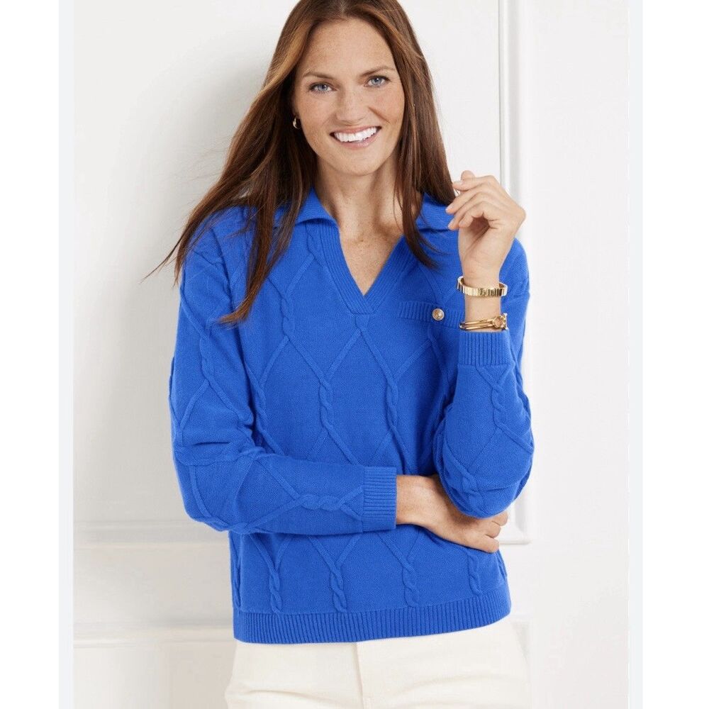 Talbots Blue Lattice Cable Knit Johnny Collar Sweater Size SP Petite Nautical